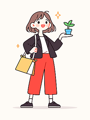 전신 여자 행복 화분 가방 일러스트 한명 웃음 들기 성인 반짝임 성인여자한명만 국내일러스트 AI파일 1 잡화 감정 모션 표정 사람 여자한명만 성인여자만 파일형식 벡터