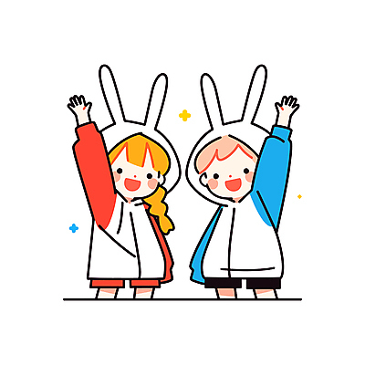 여자 남자 어린이 인물캐릭터 일러스트 남매 웃음 소녀 소년 상반신 두명 손들기 귀여움 토끼옷 어린이만 일러캐릭터 AI파일 캐릭터 옷 컨셉 가족 모션 표정 사람 파일형식 벡터