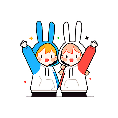 여자 남자 어린이 인물캐릭터 일러스트 남매 웃음 소녀 소년 상반신 두명 손들기 귀여움 토끼옷 어린이만 일러캐릭터 AI파일 캐릭터 옷 컨셉 가족 모션 표정 사람 파일형식 벡터