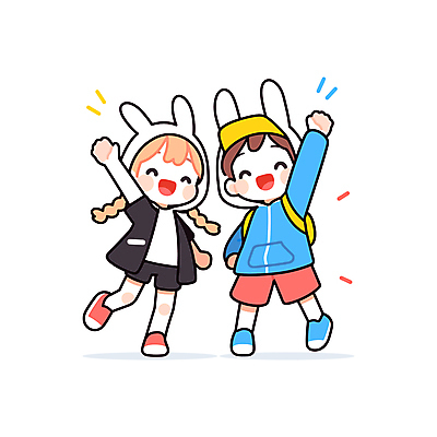 전신 여자 남자 어린이 인물캐릭터 일러스트 남매 웃음 소녀 소년 두명 손들기 귀여움 토끼옷 어린이만 일러캐릭터 AI파일 캐릭터 옷 컨셉 가족 모션 표정 사람 파일형식 벡터