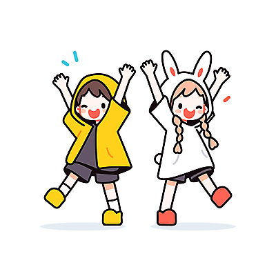 전신 여자 남자 어린이 인물캐릭터 일러스트 남매 웃음 소녀 소년 두명 노란색 손들기 귀여움 회색 토끼옷 어린이만 일러캐릭터 AI파일 캐릭터 옷 컬러 컨셉 가족 모션 표정 사람 파일형식 벡터