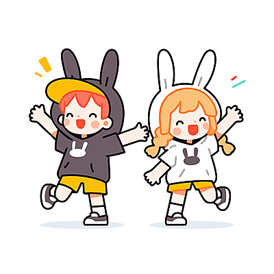 전신 여자 남자 어린이 인물캐릭터 일러스트 남매 웃음 소녀 소년 두명 친구 손들기 귀여움 토끼옷 어린이만 일러캐릭터 AI파일 캐릭터 옷 컨셉 가족 관계 모션 표정 사람 파일형식 벡터