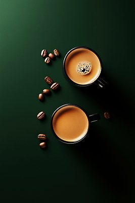 JPG 편집이미지 커피 그림자 사람없음 초록색 원두 커피잔 감성 두잔 에스프레소 편집실사 AI포토 AI콘텐츠 음료 컬러 컨셉 2 잔 CG 파일형식