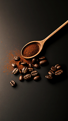 JPG 편집이미지 커피 그림자 사람없음 검은색 원두 감성 나무스푼 커피가루 편집실사 AI포토 AI콘텐츠 음료 컬러 컨셉 가루 CG 나무숟가락 파일형식