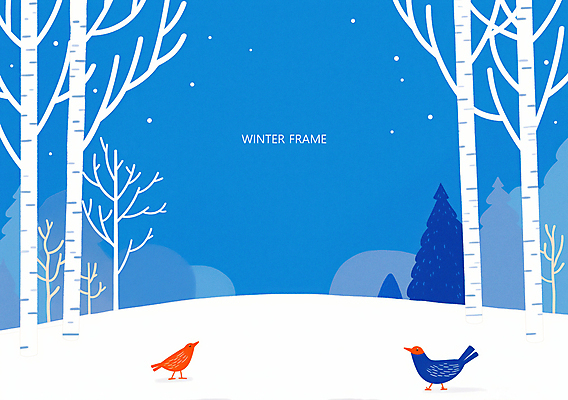 PSD 나무 겨울 일러스트 조류 하늘 프레임 사람없음 파란색 눈 언덕 국내일러스트 자연요소 식물 동물 계절 컬러 날씨 파일형식
