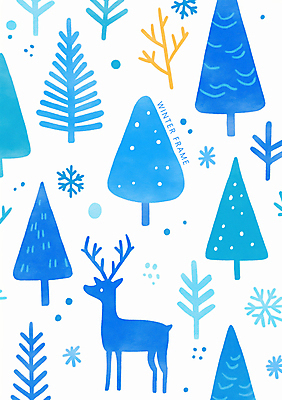 PSD 나무 겨울 패턴 일러스트 사슴 사람없음 파란색 눈 눈송이 국내일러스트 자연요소 식물 계절 컬러 무늬 포유류 날씨 눈_날씨 파일형식