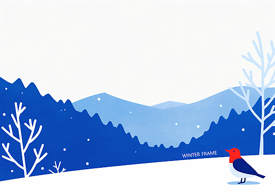 PSD 나무 겨울 일러스트 조류 하늘 산 프레임 사람없음 파란색 눈 국내일러스트 자연요소 식물 동물 계절 컬러 날씨 파일형식