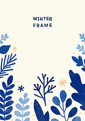 PSD 잎 겨울 일러스트 프레임 사람없음 파란색 눈 카피스페이스 국내일러스트 자연요소 식물 계절 컬러 날씨 공백 파일형식