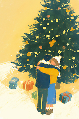 JPG 전신 커플 여자 남자 겨울 일러스트 안기 털모자 선물 성인 두명 크리스마스트리 노란색 감성 성인만 국내일러스트 AI일러스트 AI콘텐츠 모자_잡화 계절 컬러 컨셉 크리스마스 관계 모션 사람 파일형식