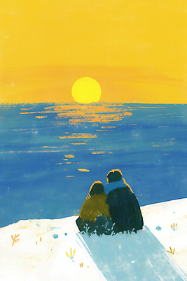 JPG 커플 응시 여자 남자 바다 겨울 일러스트 하늘 풍경 성인 두명 반사 노란색 일출 기댐 감성 성인만 국내일러스트 AI일러스트 AI콘텐츠 시선 계절 컬러 컨셉 관계 모션 사람 노을 파일형식
