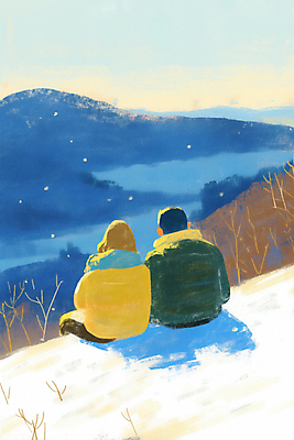 JPG 나무 커플 응시 여자 남자 겨울 일러스트 하늘 산 앉기 풍경 성인 두명 파란색 눈 감성 눈내림 성인만 국내일러스트 AI일러스트 AI콘텐츠 자연요소 식물 시선 계절 컬러 컨셉 관계 모션 날씨 눈_날씨 사람 파일형식