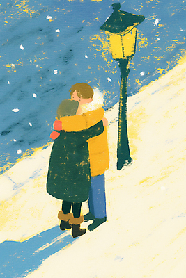 JPG 전신 커플 여자 남자 겨울 가로등 일러스트 안기 성인 두명 파란색 눈 감성 눈내림 성인만 국내일러스트 AI일러스트 AI콘텐츠 자연요소 계절 공공시설 컬러 컨셉 관계 모션 날씨 눈_날씨 사람 파일형식