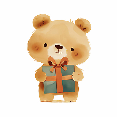JPG 리본 일러스트 수채화 미소 들기 사람없음 선물상자 마음 축하 곰캐릭터 아기곰 일러캐릭터 AI일러스트 AI콘텐츠 캐릭터 새끼 동물캐릭터 컨셉 곰 모션 표정 선물 상자 파일형식