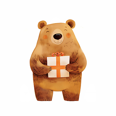 JPG 리본 일러스트 수채화 미소 들기 사람없음 선물상자 마음 축하 곰캐릭터 2025년 트렌드컬러 일러캐릭터 모카무스 AI일러스트 AI콘텐츠 캐릭터 컬러 동물캐릭터 컨셉 곰 모션 표정 선물 상자 연도 파일형식