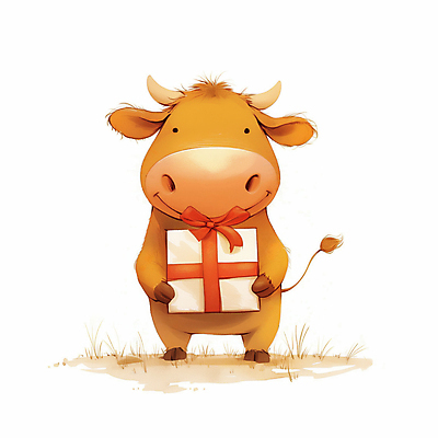 JPG 리본 일러스트 수채화 미소 들기 잔디 사람없음 선물상자 마음 축하 소 소캐릭터 일러캐릭터 AI일러스트 AI콘텐츠 식물 캐릭터 동물캐릭터 컨셉 포유류 모션 표정 선물 상자 파일형식