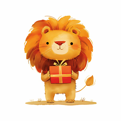 JPG 리본 동물캐릭터 일러스트 수채화 미소 들기 사람없음 선물상자 마음 축하 사자 일러캐릭터 AI일러스트 AI콘텐츠 동물 캐릭터 컨셉 포유류 모션 표정 선물 상자 파일형식