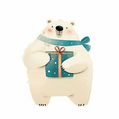 JPG 리본 일러스트 수채화 미소 들기 사람없음 선물상자 목도리 마음 축하 곰캐릭터 북극곰 일러캐릭터 AI일러스트 AI콘텐츠 캐릭터 잡화 동물캐릭터 컨셉 곰 모션 표정 선물 상자 파일형식