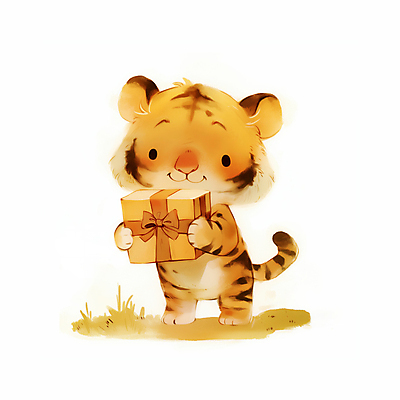 JPG 리본 일러스트 수채화 미소 들기 사람없음 선물상자 마음 축하 호랑이 호랑이캐릭터 일러캐릭터 AI일러스트 AI콘텐츠 캐릭터 동물캐릭터 컨셉 포유류 모션 표정 선물 상자 파일형식