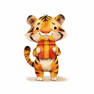 JPG 리본 일러스트 수채화 미소 들기 사람없음 선물상자 마음 축하 호랑이 호랑이캐릭터 일러캐릭터 AI일러스트 AI콘텐츠 캐릭터 동물캐릭터 컨셉 포유류 모션 표정 선물 상자 파일형식
