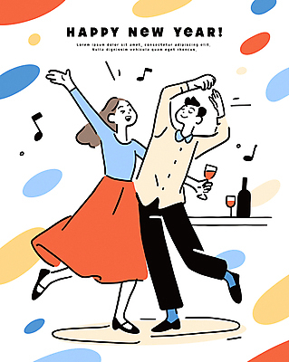 전신 라이프스타일 커플 여자 남자 행복 음표 일러스트 잔 웃음 들기 성인 두명 파티 손들기 와인 모임 춤 즐거움 연말 성인만 송년회 국내일러스트 AI파일 식기 기호 감정 음악 관계 모션 문화예술 주류 표정 사람 이벤트 생활 파일형식 벡터