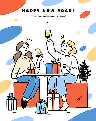 전신 라이프스타일 여자 행복 리본 화분 일러스트 탁자 잔 웃음 들기 앉기 성인 두명 친구 선물상자 파티 모임 즐거움 건배 연말 성인여자만 송년회 국내일러스트 AI파일 식기 감정 가구 관계 모션 표정 선물 사람 이벤트 생활 상자 여자만 성인만 파일형식 벡터