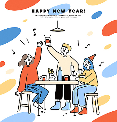 전신 라이프스타일 여자 남자 행복 화분 의자 음표 일러스트 탁자 전등 잔 서기 웃음 들기 앉기 성인 세명 친구 파티 와인 고깔모자 모임 즐거움 건배 연말 성인만 송년회 국내일러스트 AI파일 모자_잡화 식기 기호 감정 음악 가구 관계 모션 조명 주류 표정 사람 이벤트 생활 파일형식 벡터