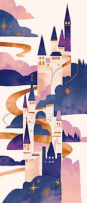 PSD 구름 일러스트 동화 산 사람없음 건물 판타지 보라색 금색 성 신비 마법 국내일러스트 자연요소 건축물 컬러 컨셉 상상 파일형식