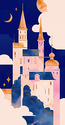 PSD 구름 일러스트 동화 사람없음 건물 판타지 보라색 금색 달 성 신비 마법 국내일러스트 자연요소 건축물 컬러 컨셉 상상 파일형식