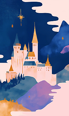 PSD 나무 구름 일러스트 동화 산 사람없음 건물 판타지 보라색 금색 성 신비 마법 국내일러스트 자연요소 식물 건축물 컬러 컨셉 상상 파일형식