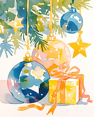 자연요소 계절 기념일 컨셉 크리스마스장식 크리스마스 선물 상자 파일형식 AI콘텐츠 리본 선물상자 별 수채화 감성 겨울 사람없음 크리스마스트리 오너먼트 장식 JPG 일러스트 국내일러스트 AI일러스트