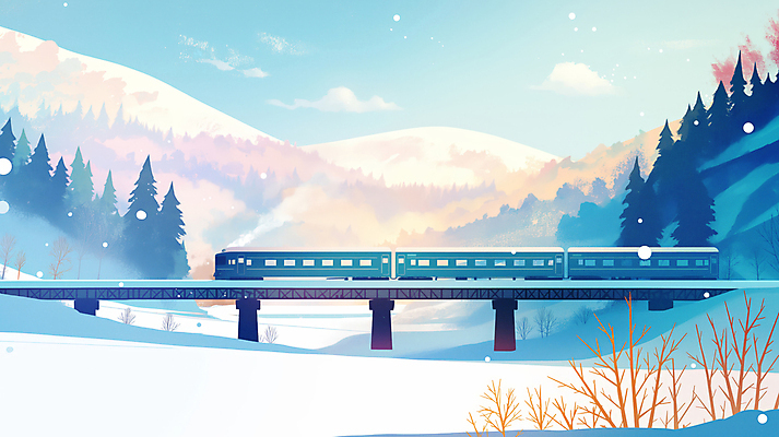 JPG 나무 설경 겨울 일러스트 자연 하늘 사람없음 파란색 빛 기차 눈 풀 숲 철교 설산 산맥 국내일러스트 AI일러스트 AI콘텐츠 자연요소 식물 계절 육상교통 컬러 날씨 산 대중교통 풍경 다리_건축물 생태계 파일형식