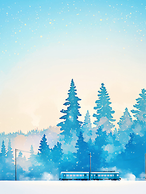 JPG 나무 설경 겨울 일러스트 자연 하늘 사람없음 파란색 빛 기차 눈 숲 전봇대 눈덮임 국내일러스트 AI일러스트 AI콘텐츠 자연요소 식물 계절 공공시설 육상교통 컬러 컨셉 날씨 대중교통 풍경 생태계 파일형식