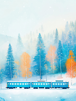 JPG 나무 설경 겨울 일러스트 자연 하늘 사람없음 파란색 기차 눈 숲 국내일러스트 AI일러스트 AI콘텐츠 자연요소 식물 계절 육상교통 컬러 날씨 대중교통 풍경 생태계 파일형식