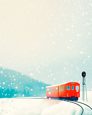JPG 설경 겨울 일러스트 자연 하늘 사람없음 빨간색 파란색 기찻길 기차 눈 설산 국내일러스트 AI일러스트 AI콘텐츠 자연요소 계절 육상교통 컬러 날씨 산 대중교통 풍경 생태계 파일형식