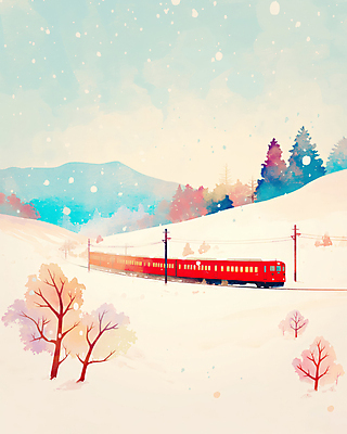 JPG 나무 설경 겨울 일러스트 자연 하늘 사람없음 기찻길 기차 눈 풀 숲 전봇대 설산 국내일러스트 AI일러스트 AI콘텐츠 자연요소 식물 계절 공공시설 육상교통 날씨 산 대중교통 풍경 생태계 파일형식