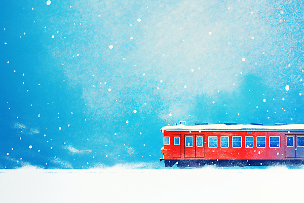 JPG 설경 겨울 일러스트 자연 하늘 사람없음 빨간색 파란색 기차 눈 국내일러스트 AI일러스트 AI콘텐츠 자연요소 계절 육상교통 컬러 날씨 대중교통 풍경 생태계 파일형식
