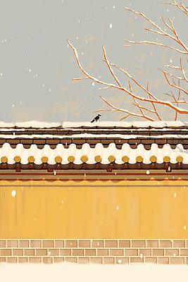 JPG 겨울 일러스트 조류 한옥 사람없음 노란색 고요 나뭇가지 눈 기와담장 눈덮임 국내일러스트 AI일러스트 AI콘텐츠 자연요소 나무 동물 한국전통 계절 컬러 컨셉 고건축 날씨 기와 담장 파일형식