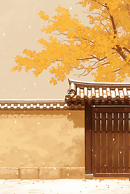 JPG 나무 겨울 일러스트 나뭇잎 한옥 사람없음 노란색 고요 눈 대문 기와담장 눈덮임 국내일러스트 AI일러스트 AI콘텐츠 자연요소 식물 한국전통 계절 컬러 컨셉 고건축 잎 날씨 기와 담장 문 파일형식