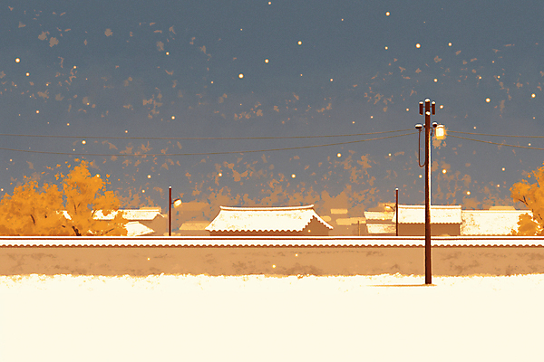 JPG 나무 겨울 가로등 일러스트 하늘 한옥 사람없음 노란색 마을 정원 고요 눈 저녁 눈덮임 국내일러스트 AI일러스트 AI콘텐츠 자연요소 식물 한국전통 계절 공공시설 컬러 컨셉 고건축 날씨 야간 파일형식