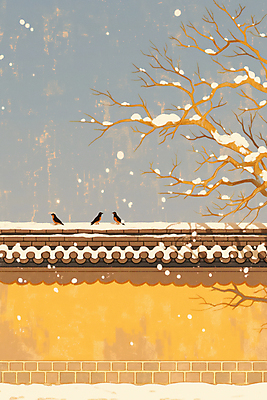 JPG 겨울 일러스트 조류 한옥 사람없음 노란색 고요 나뭇가지 눈 기와담장 눈덮임 국내일러스트 AI일러스트 AI콘텐츠 자연요소 나무 동물 한국전통 계절 컬러 컨셉 고건축 날씨 기와 담장 파일형식