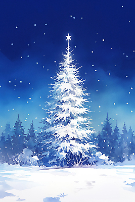 JPG 나무 별 설경 겨울 야경 일러스트 밤하늘 사람없음 파란색 빛 고요 흰색 눈 숲 눈덮임 국내일러스트 AI일러스트 AI콘텐츠 자연요소 식물 계절 컬러 컨셉 하늘 날씨 풍경 야간 파일형식 풍경_경치