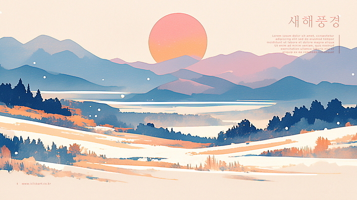 PSD 나무 식물 구름 바다 일러스트 자연 새해 산 풍경 사람없음 햇빛 태양 일출 고요 숲 연하장 국내일러스트 자연요소 카드_감사 노을 생태계 파일형식