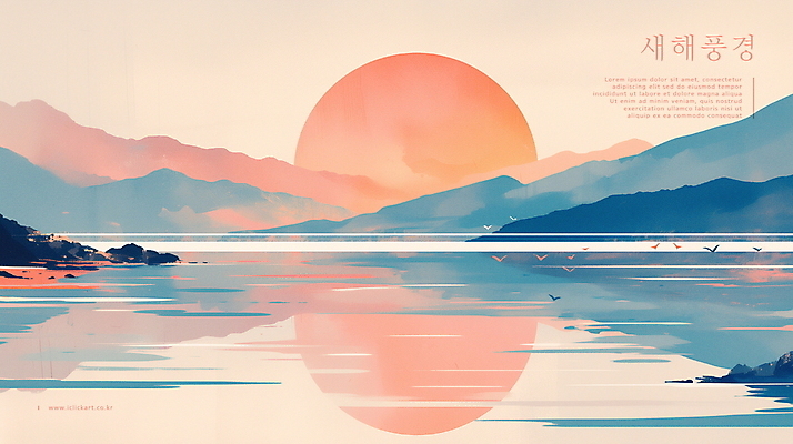 PSD 바다 일러스트 자연 새해 산 풍경 사람없음 햇빛 태양 반사 일출 고요 연하장 새떼 국내일러스트 자연요소 조류 카드_감사 노을 생태계 파일형식