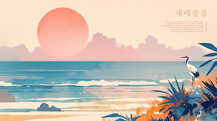 PSD 식물 구름 파도 바다 일러스트 자연 새해 풍경 사람없음 햇빛 태양 일출 고요 학 풀 연하장 국내일러스트 자연요소 조류 카드_감사 노을 생태계 파일형식