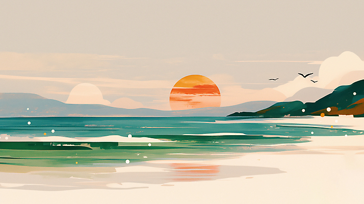 JPG 바다 일러스트 자연 아침 새해 산 풍경 해변 사람없음 태양 반사 평화 일출 안개 연하장 새떼 국내일러스트 AI일러스트 AI콘텐츠 주간 자연요소 컨셉 조류 날씨 카드_감사 노을 생태계 파일형식