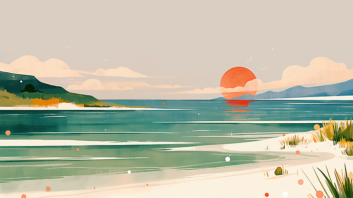 JPG 바다 일러스트 자연 아침 새해 풍경 해변 사람없음 태양 반사 평화 일출 풀 연하장 산골 국내일러스트 AI일러스트 AI콘텐츠 주간 자연요소 식물 컨셉 카드_감사 노을 생태계 파일형식