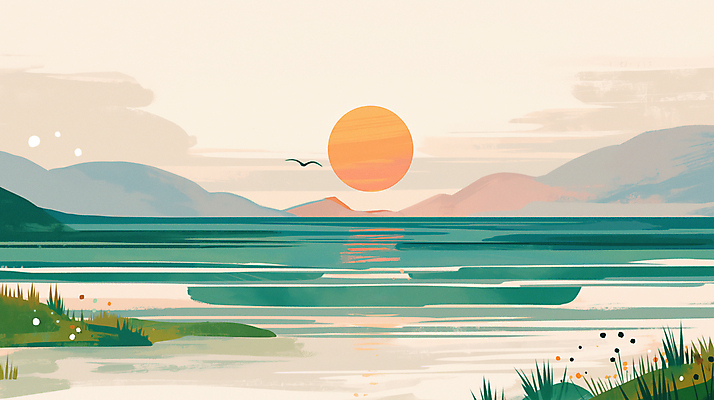 JPG 바다 일러스트 자연 조류 아침 새해 산 풍경 해변 사람없음 태양 반사 평화 일출 풀 연하장 국내일러스트 AI일러스트 AI콘텐츠 주간 자연요소 식물 동물 컨셉 카드_감사 노을 생태계 파일형식