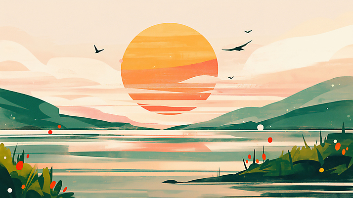 JPG 바다 일러스트 자연 조류 아침 새해 산 풍경 사람없음 태양 반사 평화 일출 풀 연하장 새떼 국내일러스트 AI일러스트 AI콘텐츠 주간 자연요소 식물 동물 컨셉 카드_감사 노을 생태계 파일형식