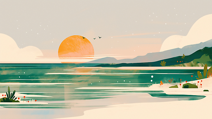 JPG 바다 일러스트 자연 아침 새해 산 풍경 사람없음 태양 평화 일출 돌_바위 풀 연하장 국내일러스트 AI일러스트 AI콘텐츠 주간 자연요소 식물 컨셉 카드_감사 노을 생태계 파일형식