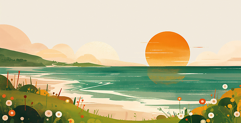 JPG 구름 꽃 바다 일러스트 자연 아침 새해 산 풍경 해변 사람없음 태양 반사 평화 일출 풀 연하장 국내일러스트 AI일러스트 AI콘텐츠 주간 자연요소 식물 컨셉 카드_감사 노을 생태계 파일형식